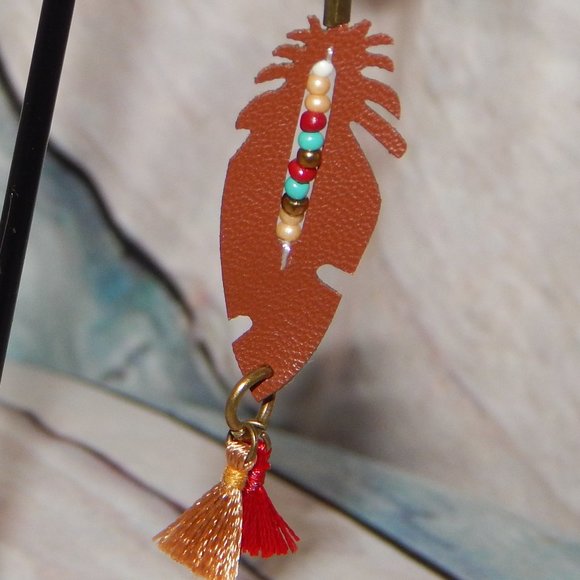 New BoHo Leather Feather Beaded Tasseled Earrings - Picture 3 of 8
